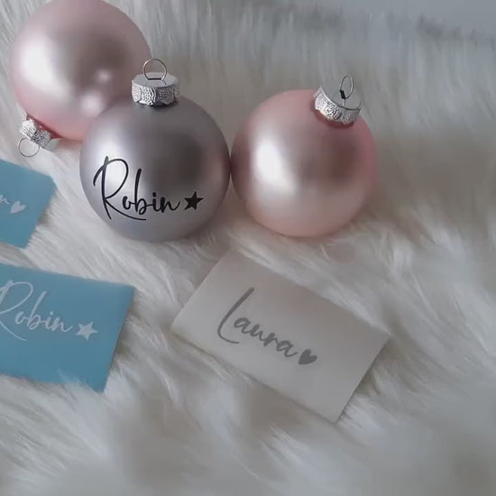 Wunschname mit Herz / Stern Aufkleber für Weihnachtskugel! Personalisierter Schriftzug zum selbst aufkleben, Baumschmuck für Weihnachten