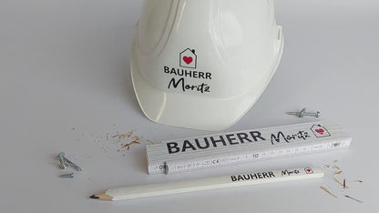 Bauherren-Bauhelm Weiß mit Wunschnamen | personalisierter Kopfschutz | Bauherrin Baustelle Helm | hochwertiger Deko Kopfschutz Bauhelm